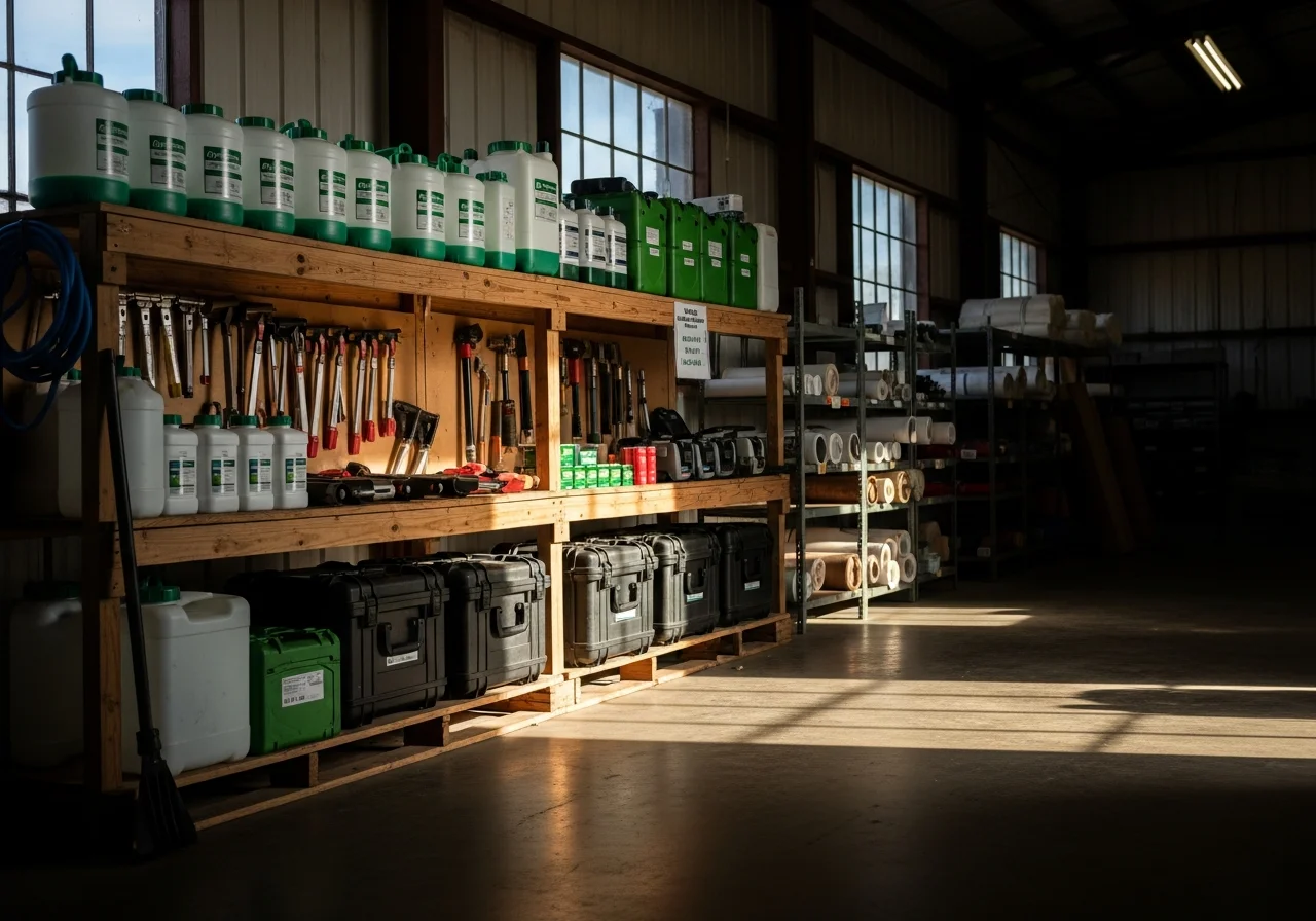 Pest control technician equipment and tools ready for residential service calls in Mississippi.