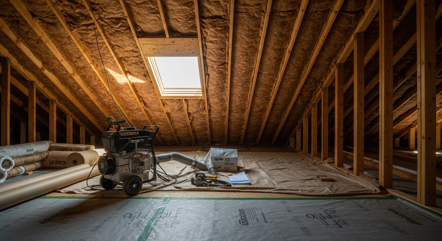 Attic insulation installation in residential home