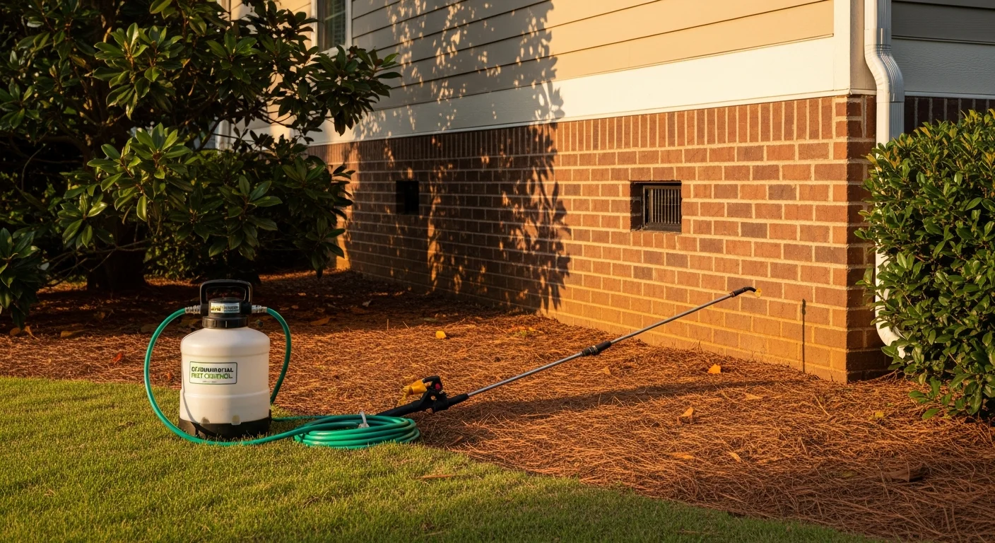 Pest control technician treating home for termites and insects