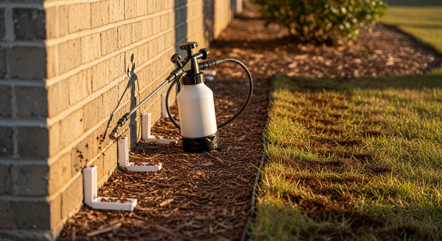 A Green Leaf pest control technician inspecting the foundation perimeter of a residential home in Clinton for ant entry points. Close-up view of targeted bait placement along an exterior wall where an ant trail was identified.
