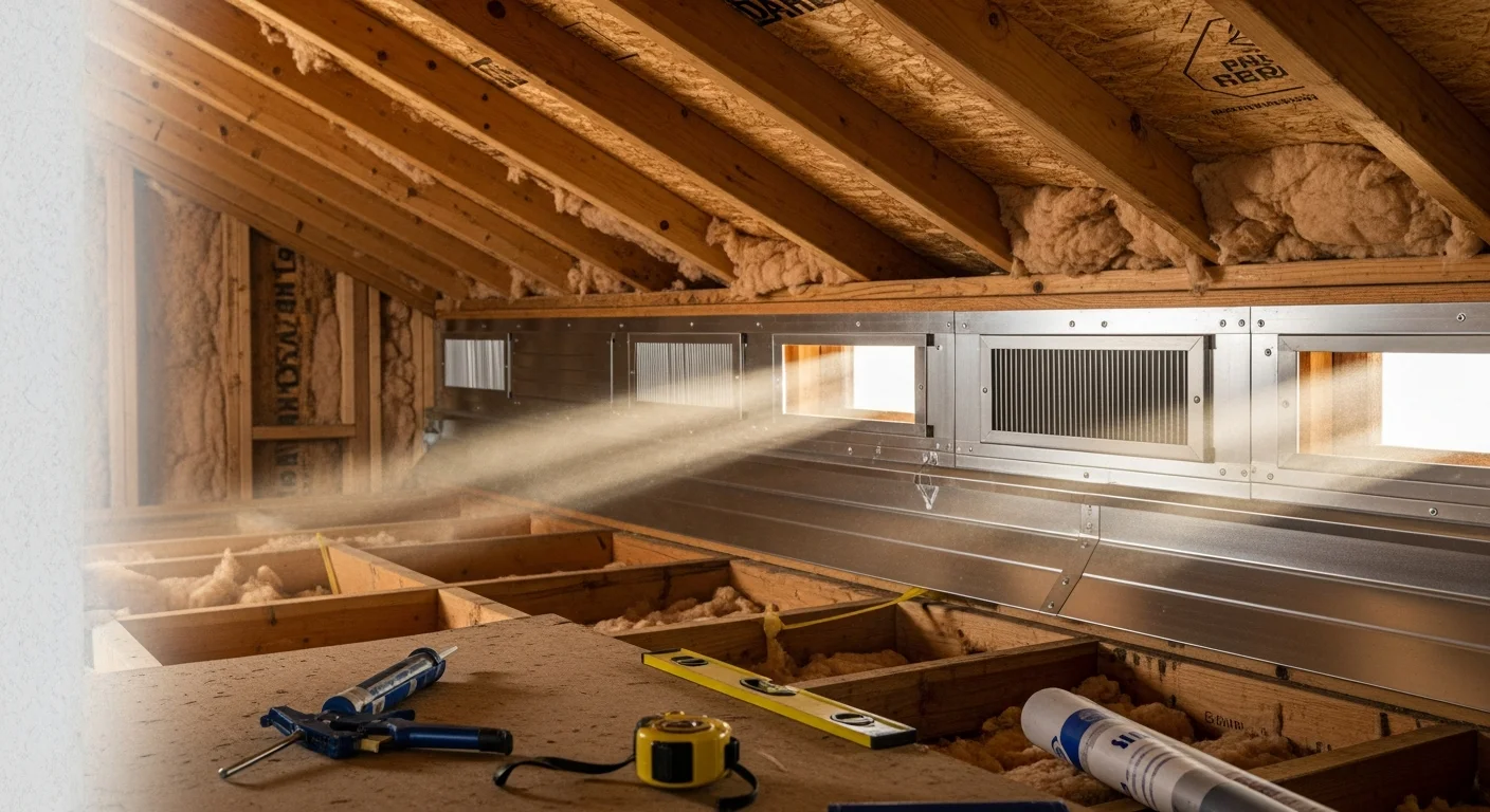 A Clinton home attic showing newly installed ridge and soffit vents with clean, dry roof decking and open airflow channels. An insulation contractor inspects the ventilation setup from inside the attic space.