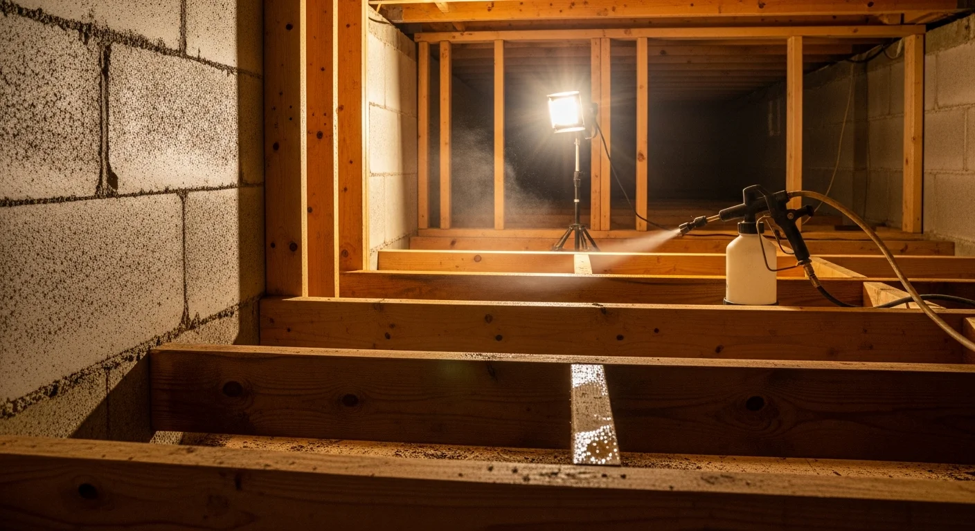 A Green Leaf technician applying borate treatment to exposed wood floor joists in a Clinton home crawl space. The image shows bare lumber framing with fresh treatment applied along the length of the beams.
