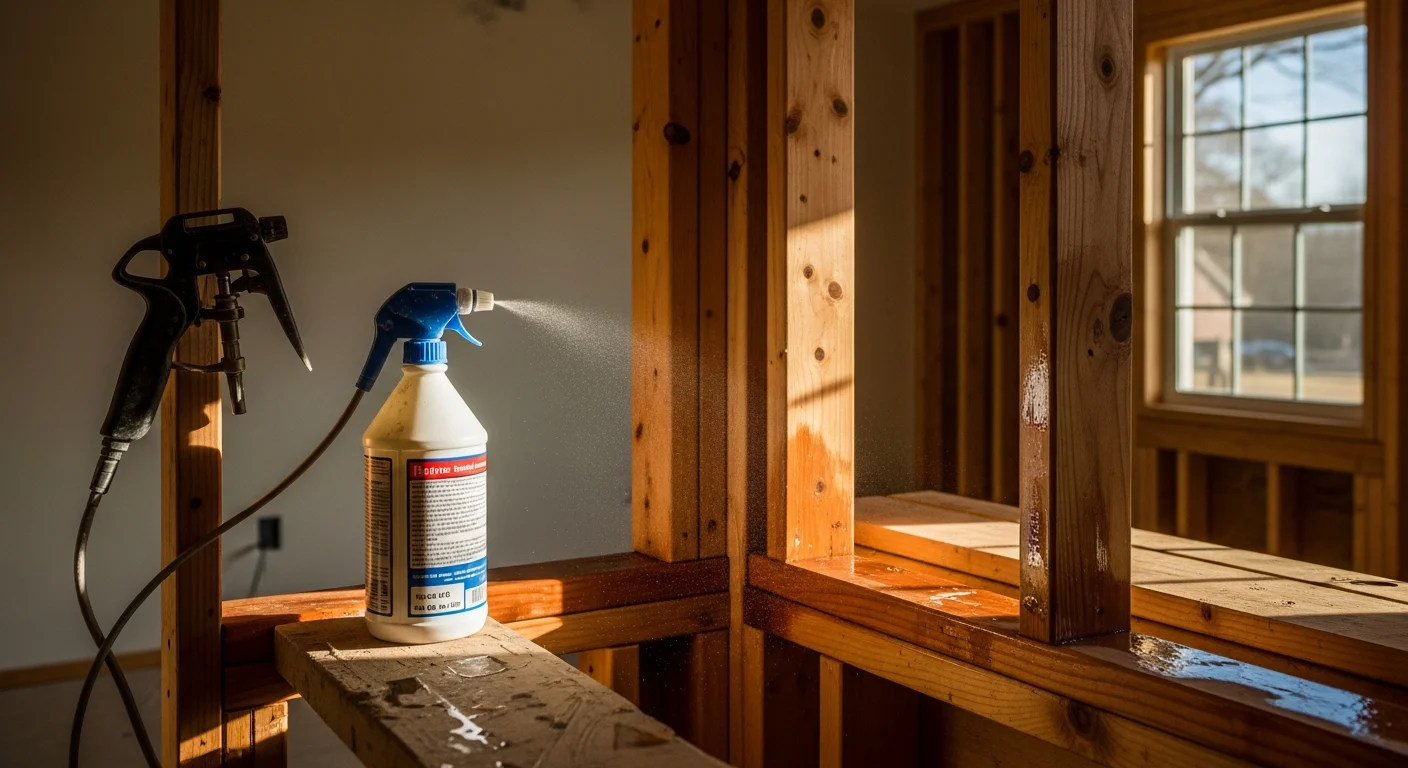A pest control technician applying borate solution to exposed floor joists and framing lumber inside a Clinton home during a wood treatment service. The treated wood surfaces show even coverage across structural beams in the crawl space area.