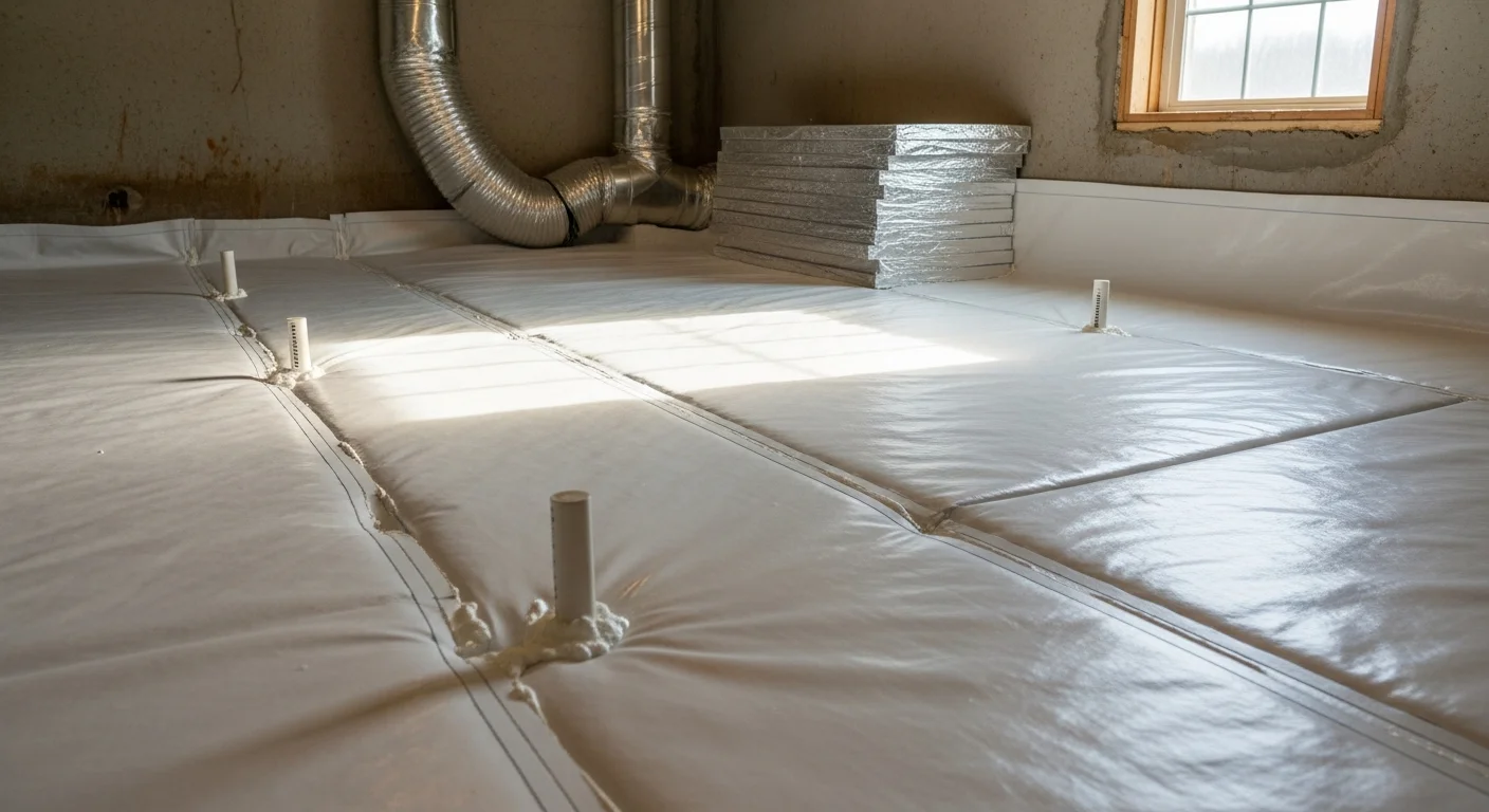 A sealed crawlspace beneath a Clinton home showing a white heavy-duty vapor barrier covering the floor and foundation walls, with visible insulation along the rim joist and a dehumidifier unit in the background. The space is dry, clean, and free of exposed soil or standing moisture.