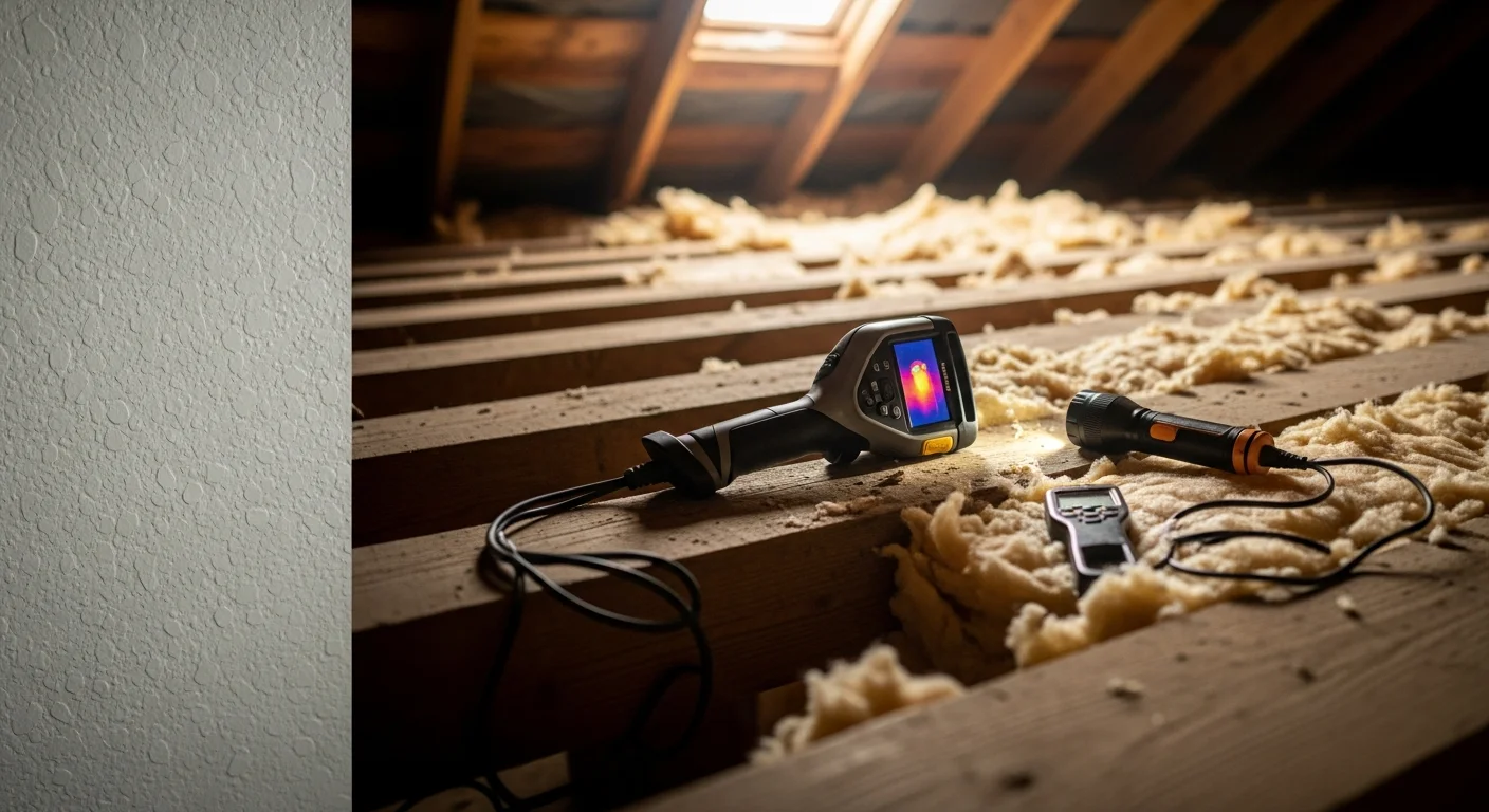 A Green Leaf insulation contractor inspecting attic insulation in a Clinton home, using a flashlight to check coverage depth and look for gaps along the roof line.
