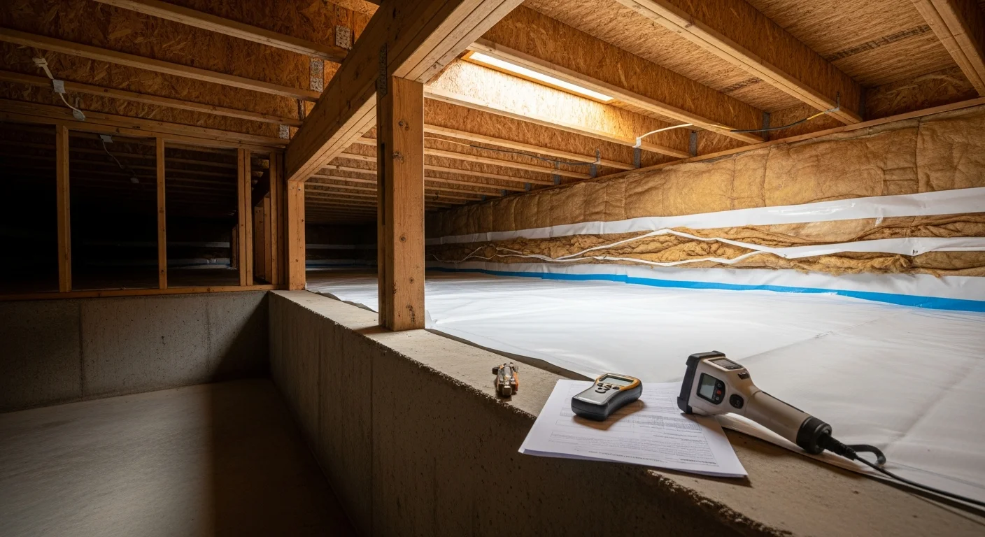 A Clinton home crawl space after moisture control service, showing a clean vapor barrier laid across the ground with dry, intact insulation secured to the floor joists above. The space is free of visible mold, standing water, and damaged material.