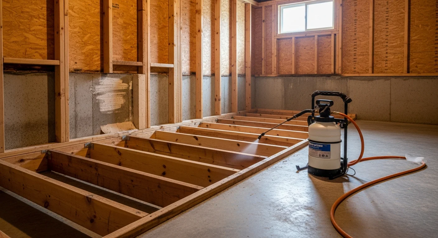 A Green Leaf pest control technician applying borate solution to exposed wood framing in a Clinton home crawlspace. Structural floor joists and support beams are visible, showing the treatment area before the solution is absorbed into the wood.