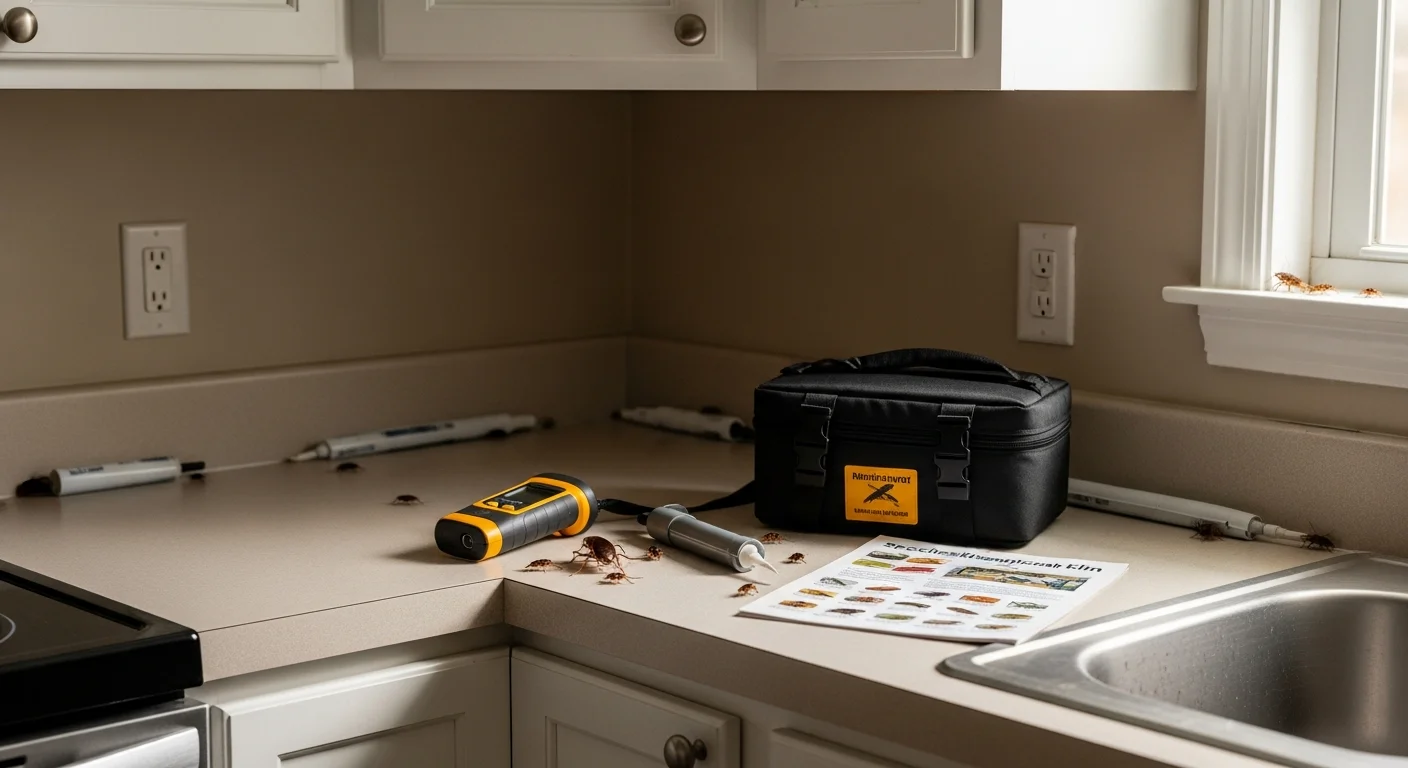 A pest control technician from Green Leaf inspecting kitchen cabinet base areas for roach activity in a Clinton, Mississippi home. Close-up view shows a flashlight inspection along a wall gap near a plumbing pipe.