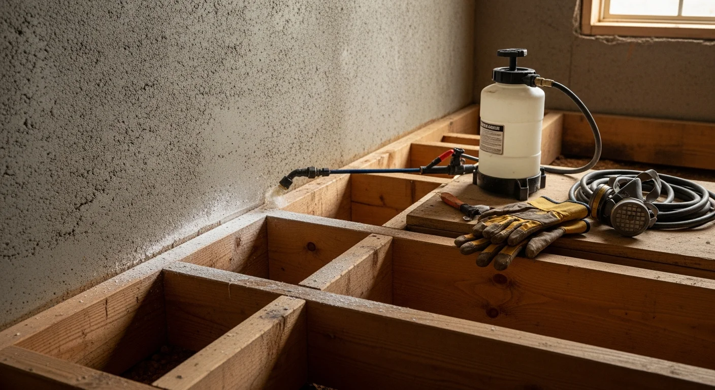 A Green Leaf technician applying borate treatment to exposed floor joists and sill plates inside a Clinton home crawl space. Bare structural lumber is shown with treatment solution being sprayed evenly across the framing members.