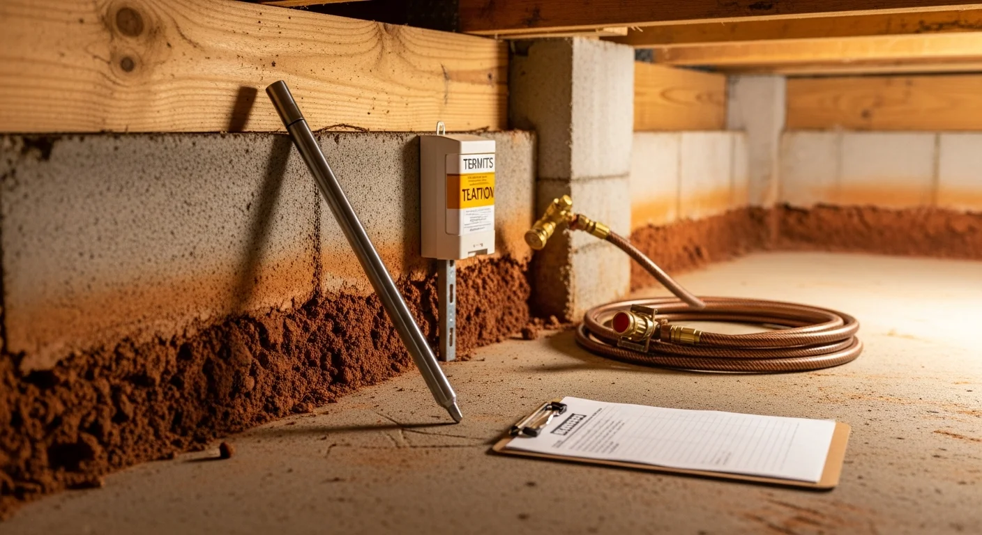A Green Leaf pest control technician inspecting the foundation perimeter of a residential home in Clinton, MS for signs of subterranean termite mud tubes. Close-up view of a crawl space access point being examined during a professional termite inspection.