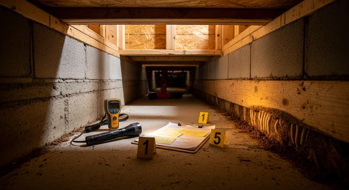 A pest control technician from Green Leaf inspecting the crawl space foundation of a residential home in Clinton for signs of subterranean termite mud tubes and wood damage. Close-up view of a gloved inspector probing wooden floor joists with a flashlight during a professional termite inspection.