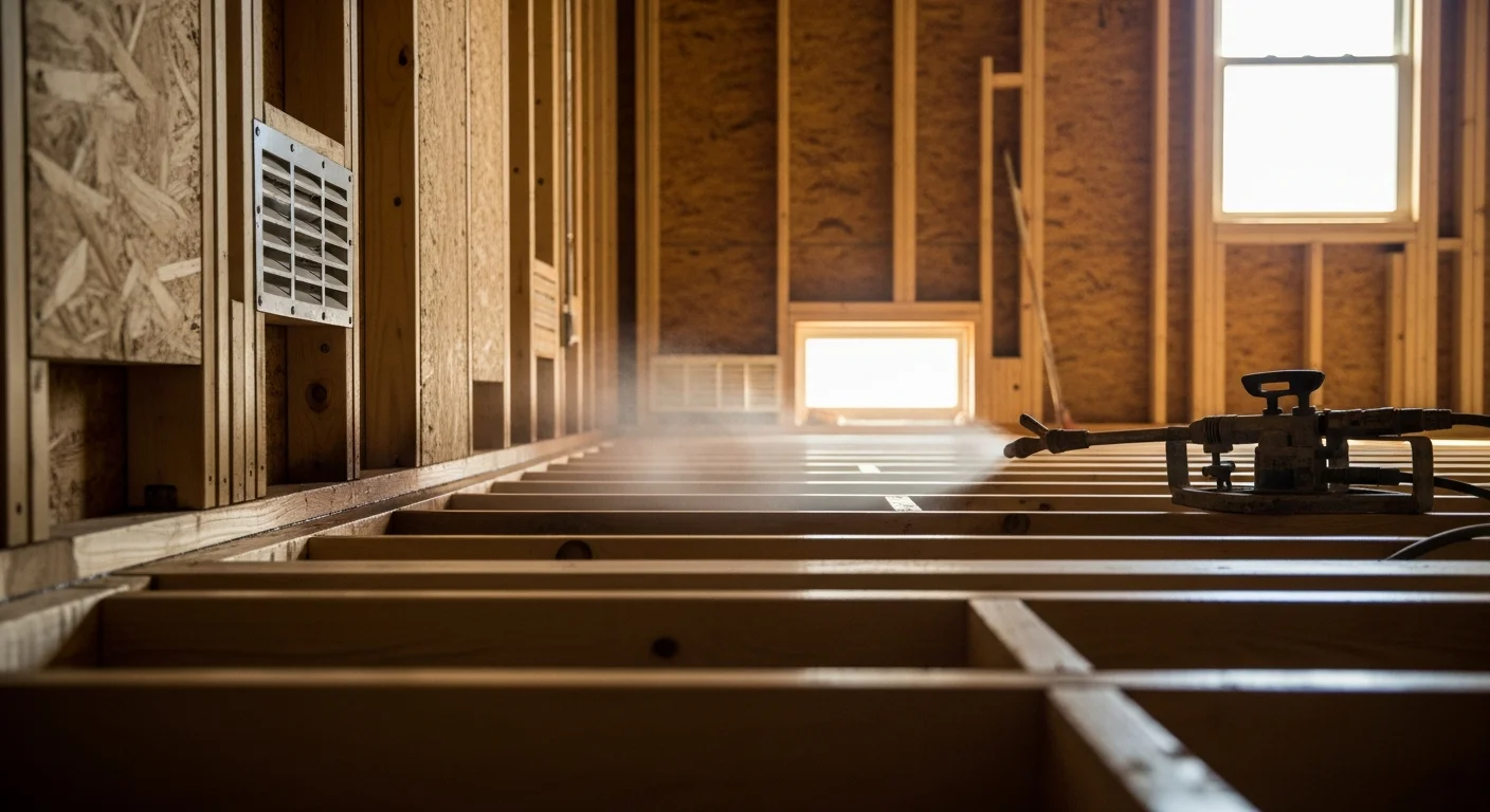 A Green Leaf technician applying borate wood treatment solution to exposed floor joists in the crawl space of a Clinton home. The bare wood framing shows even coverage of the protective solution across sill plates and structural beams.